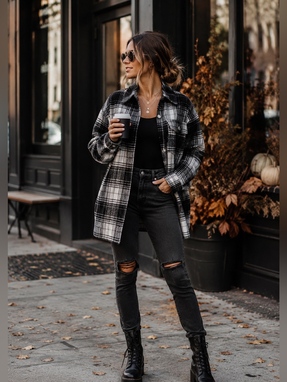 BBJ Los Angeles Plaid Shacket Medium Black Gray Oversized Shirt Jacket